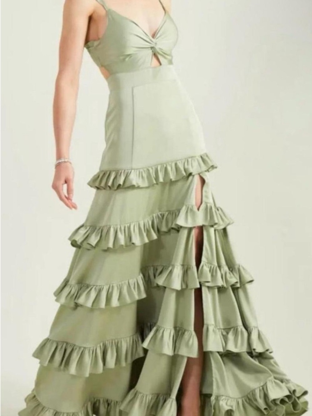 Altar’d State Alana Marie Basil Green Tiered Ruffle Maxi Dress